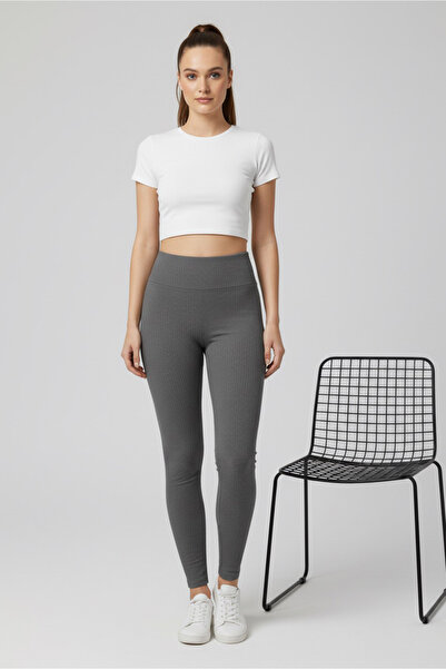 TOFİSA High Waist Corded Fabric Ribbed Knit Tights Smoked - 27951-Fume