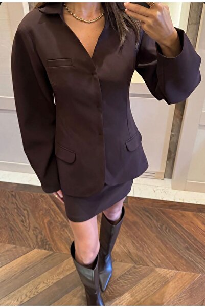 FMN Moda Mini Skirt Pocket Detail Shoulder Pad Balloon Sleeves V-Neck Stitching Button Open Design Equivalent Premium Jacket Suit