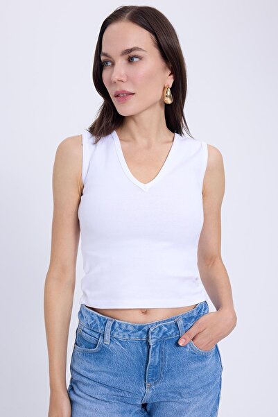 Tudors Γυναικεία μπλούζα εφαρμοστό με λεπτή εφαρμογή με λαιμόκοψη σε σχήμα V, με μηδενικό μανίκι, βαμβακερή ριμπάνι, λευκή μπλούζα