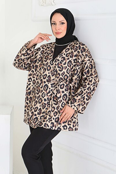 TOFİSA Leopard Patterned Front Tie Jacket Beige - 27898-BEJ