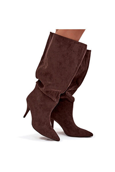 BOTO Botine pentru femei cu toc din nubuc Cacao Noretta 38