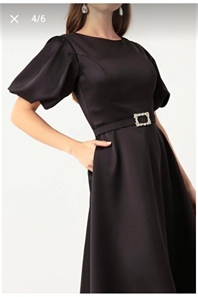 GÜZELLER Saten Balon Kol Kemerli Midi Boy İsteme Söz Nişan Nikah Özel Gün Elbisesi Abiyesi