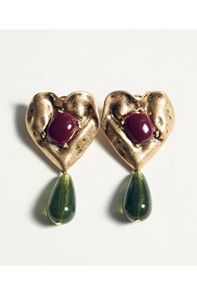 Vi store Çelik Bordo Yeşil Heart Küpe