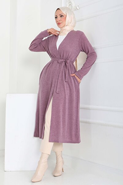 TOFİSA Дълга жилетка с джобове и колан Gul Kurusu - 27950-GUL-KURUSU