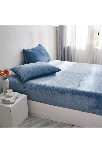 Luofanfei Velvet Fitted Bed Sheet 140x200x30cm, Light Blue, With Elastic