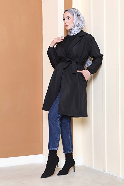 TOFİSA Kuşaklı Kolu Lastikli Miranda Trençkot Siyah - 27799-SIYAH