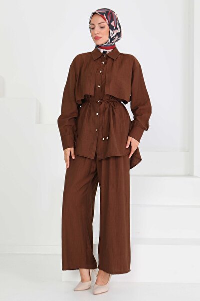 TOFİSA Κοστούμι με λεπτομέρεια κασκόλ καφέ - 27552-BROWN