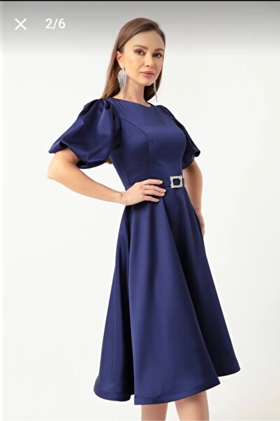 GÜZELLER Saten Balon Kol Kemerli Midi Boy İsteme Söz Nişan Nikah Özel Gün Elbisesi Abiyesi