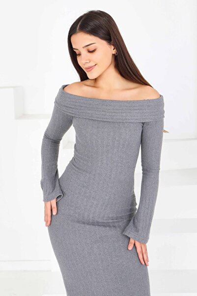 TOFİSA Μακρύ φόρεμα Madonna Yaka πλέξη ριμπ Smoked - 27816-FUME