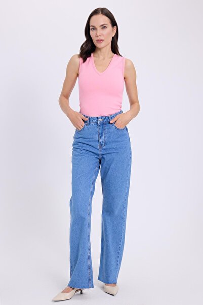 Tudors Women's Slim Fit Slim Fit V-Neck Zero Sleeve Cotton Ribbed Pink Blouse