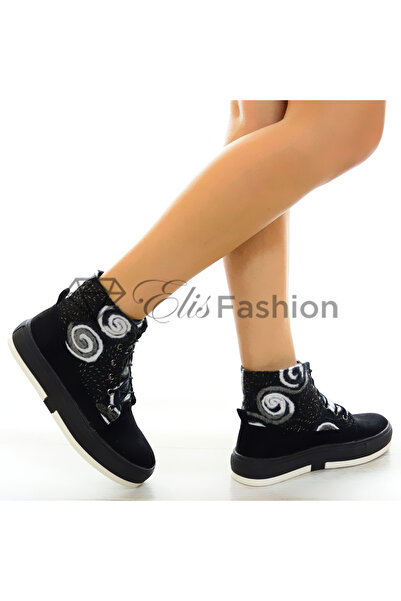 Elis Fashion Ghete de dama negre cu talpa joasa si broderie #5329