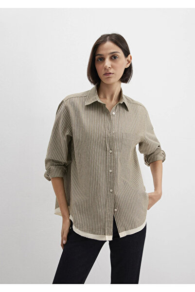 Mavi Çizgili Haki Gömlek Loose Fit / Bol Rahat Kesim 1211372-91369