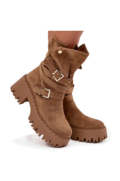 BOTO Botine Femei cu Toc Gros cu catarame și curea Khaki Nerelisa 38
