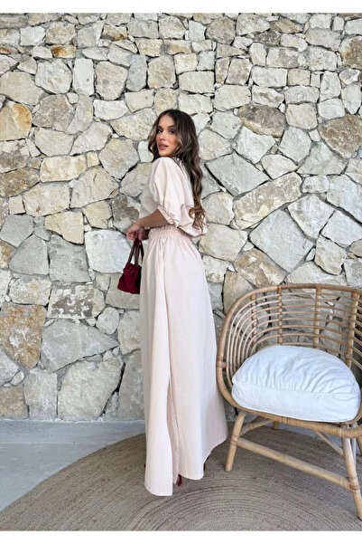 Buklemoda Crop Blouse and Skirt Bottom Top Set Beige