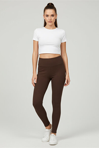TOFİSA High Waist Corded Fabric Ribbed Knit Leggings Brown - 27951-Brown