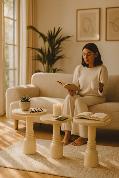 Simillo Home&Living Ahşap Mantar Sehpa 3’lü Set – Krem Renk Doğal Zigon Fisko...