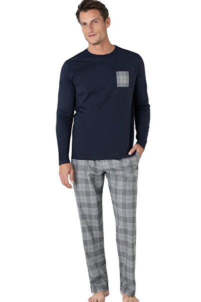 Pierre Cardin Erkek Ekoseli Penye Pijama Takım, %100 Pamuk, Uzunkol Düz Paçalı