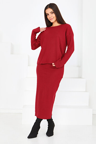 TOFİSA Interlock Blouse Skirt Set Burgundy - 27814-Bordo