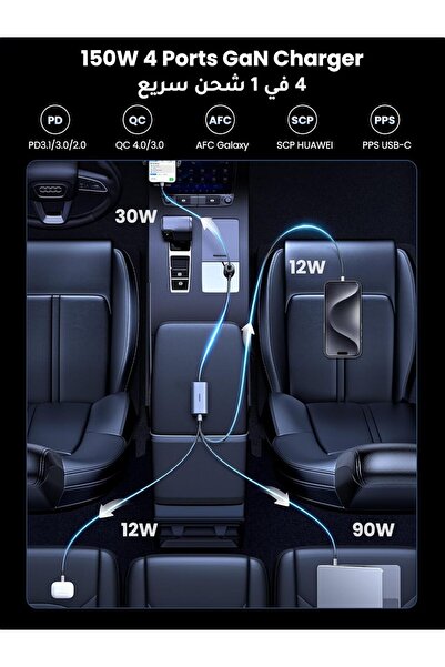 Generic UGREEN 150W 4-Port Car Charger (GaN) USB-C & USB-A Fast Car Adapter with Clip