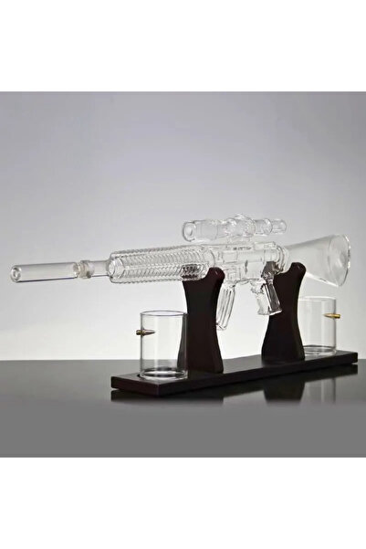 OEM Decanter set, Machine gun and 2 bullet glasses, with wooden stand, transparent, glass