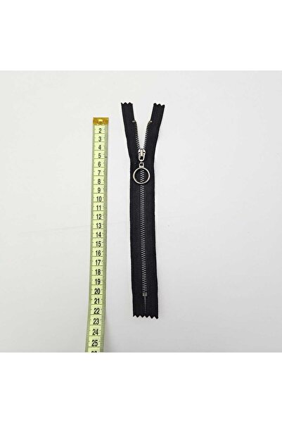 Kaf Kumaş Siyah Metalik Dişli Yuvarlak Halka Fermuar | Mont-Çanta Fermuarı Uzunluk: 25 cm Siyah