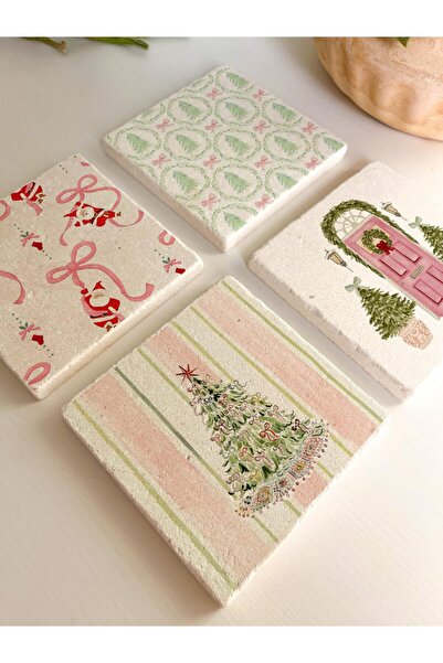 arslart حامل أكواب من الحجر الطبيعي بنمط عيد الميلاد باللونين الوردي والأخضر، ديكور منزلي، هدية عيد الميلاد، مجموعة من 4 قطع