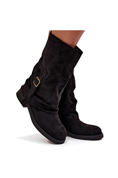 BOTO Cizme pentru femei cu guler răsucit până la jumătatea gambei cu cataramă Negru Minelle 39