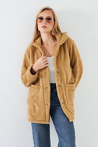 Kutaf Camel Buttoned Oversized Plush Coat – Soft Fleece Unlined Jacket