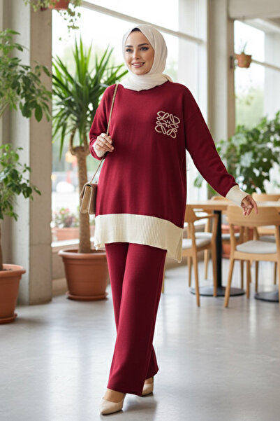 TOFİSA cu fantă material reiat Set tricotaje din două piese Roșu Claret - 279...