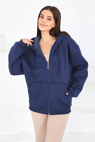 TOFİSA Τσέπη καγκουρό με φερμουάρ επένδυση fleece Three Thread Sweat Navy Blue - 27802-DARK BLUE