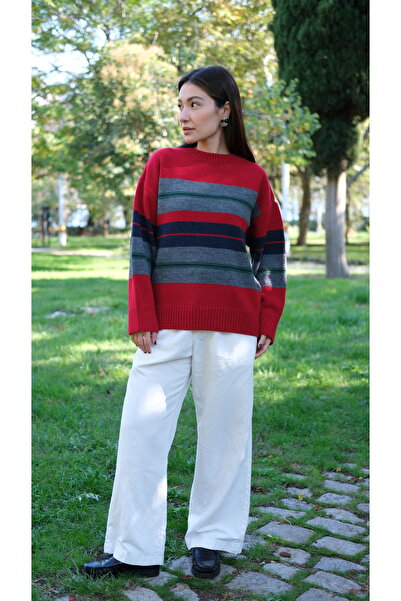 Butik Una Fiaba-Roșu supradimensionat guler rotund Pulover din tricot cu textura moale