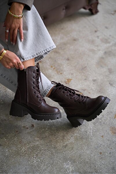 kalyoncu moda Stella Gerçek Deri Kahve Renkli Bağcıklı Kadın Bot