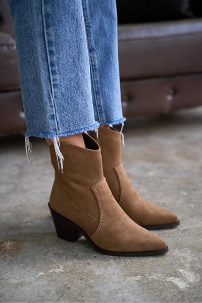 kalyoncu moda Cecile Gerçek Deri Camel Renkli Kadın Topuklu Bot