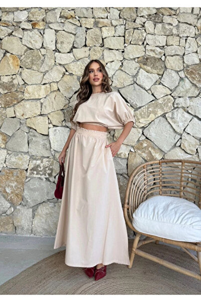 Buklemoda Crop Blouse and Skirt Bottom Top Set Beige