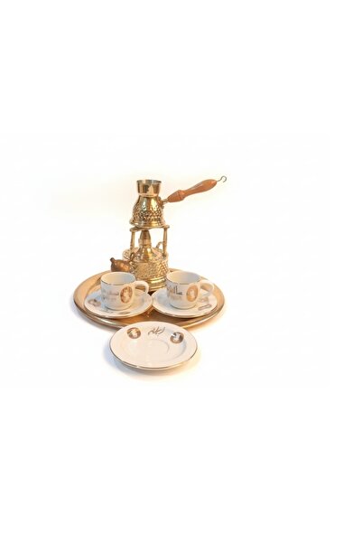 Kanka طقم قهوة تركي 7 قطع ,موقد,كنكة,صينية نحاس وفنجانين بورسلين بالأطباق وطب...