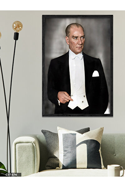 CeSht Mustafa Kemal Atatürk Tek Parça Siyah Ahşap Çerçeveli Tablo