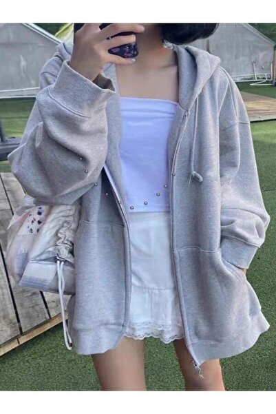 8line Gray Melange Zippered Plain Thick Fabric Hooded Unisex Cardigan