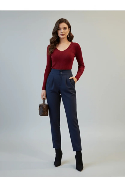 bysoca Women's Navy Blue Double Buttoned Pocketed Pleated High Waist Carrot C...