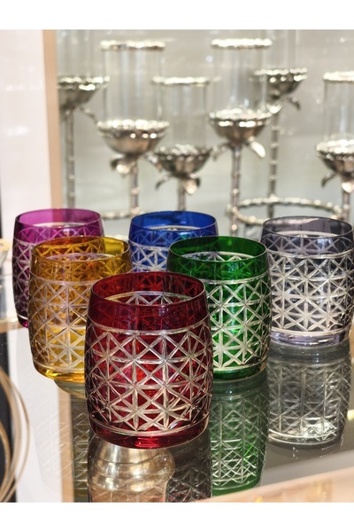 P&ORA PREMIUM KITCHEN PRODUCTS KESME KRİSTAL 6 Lİ RENKLİ SU BARDAĞI, VİSKİ BARDAĞI