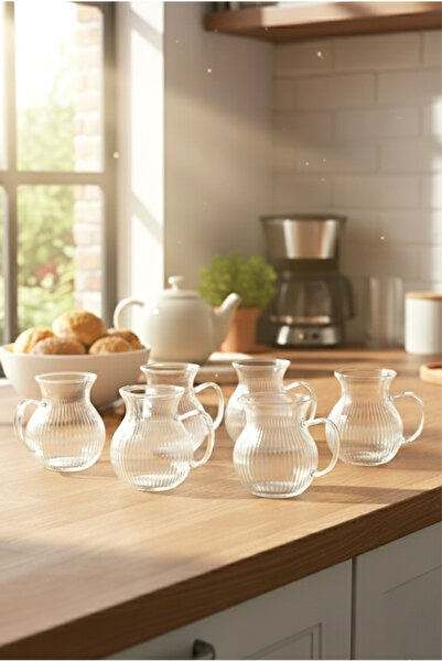 FH finehome طقم ليندا المكون من 6 أكواب شاي زجاجية مخططة بمقابض