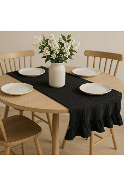 Marecot Fırfırlı %100 MÜSLİN PAMUK Runner 40 x 120 cm SİYAH