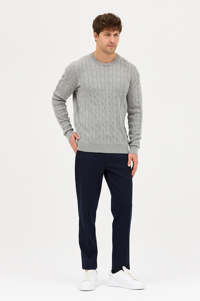 Frappoli Vaclav Men's Light Gray Hair Braided Cotton Crew Neck Sweater