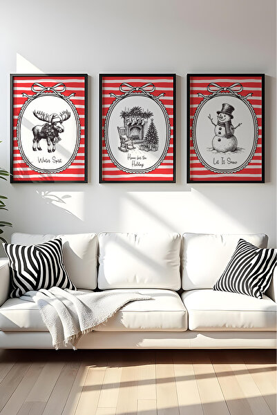 huhuli Yılbaşı Temalı 3'lü Ahşap Siyah Çerçeve Tablo Seti Huhu549