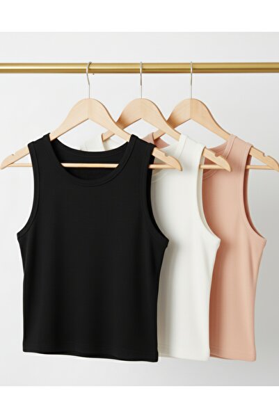 bumerangspor Women's Ribbed Knit Fabric Wide Strap Crop 3-Piece Set