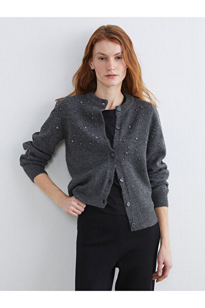 LC Waikiki LCW VisionAntrasit Bisiklet Yaka Taşlı Kadın Triko Hırka