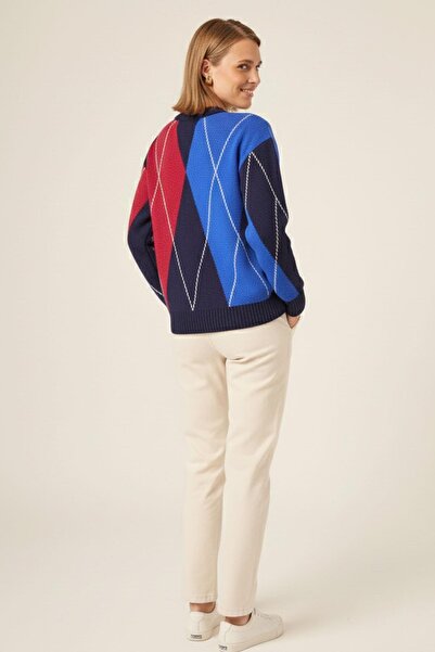 FTZ WOMEN Women's Diamond Patterned Sweater Navy Blue 25094