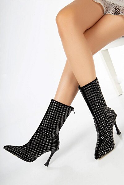 Preshley Γυναικείες μπότες Londen μαύρο σουέντ με ασημί πέτρα κεντημένες 9 εκ. με λεπτό τακούνι με φερμουάρ στο πίσω μέρος