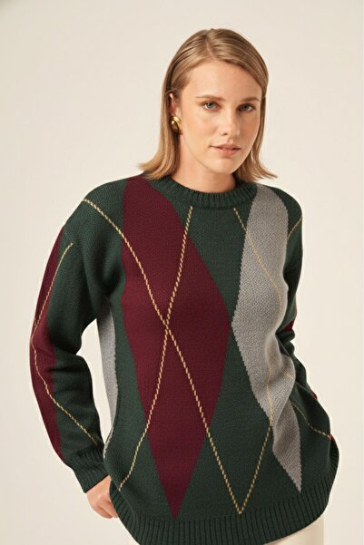 FTZ WOMEN Women's Diamond Patterned Sweater Emerald 25094