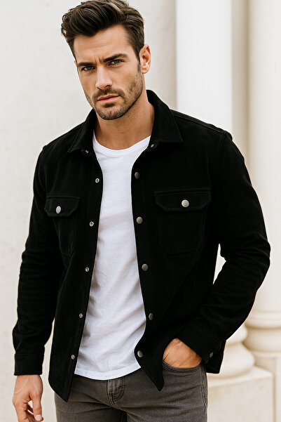 Rich Men's Black Suede Thick Shirt Seasonal Jacket with Double Pocket Detail