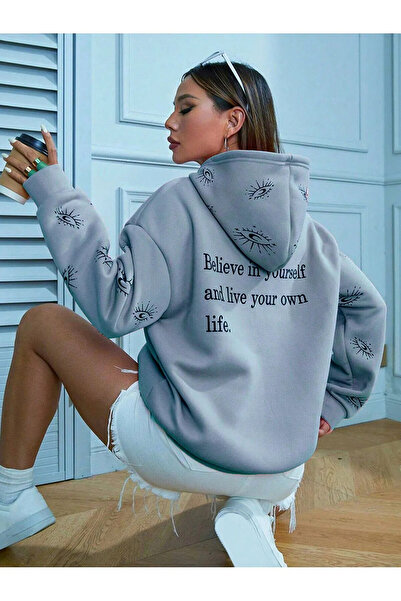 EVIus Oversize Gözler Baskılı Özel Tasarım Kapüşonlu Siyah Sweatshirt